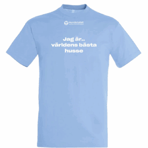 En ljusblå t - shirt med vita ord på.