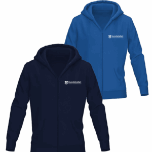 En blå och en blå huvtröja med vit logotyp.