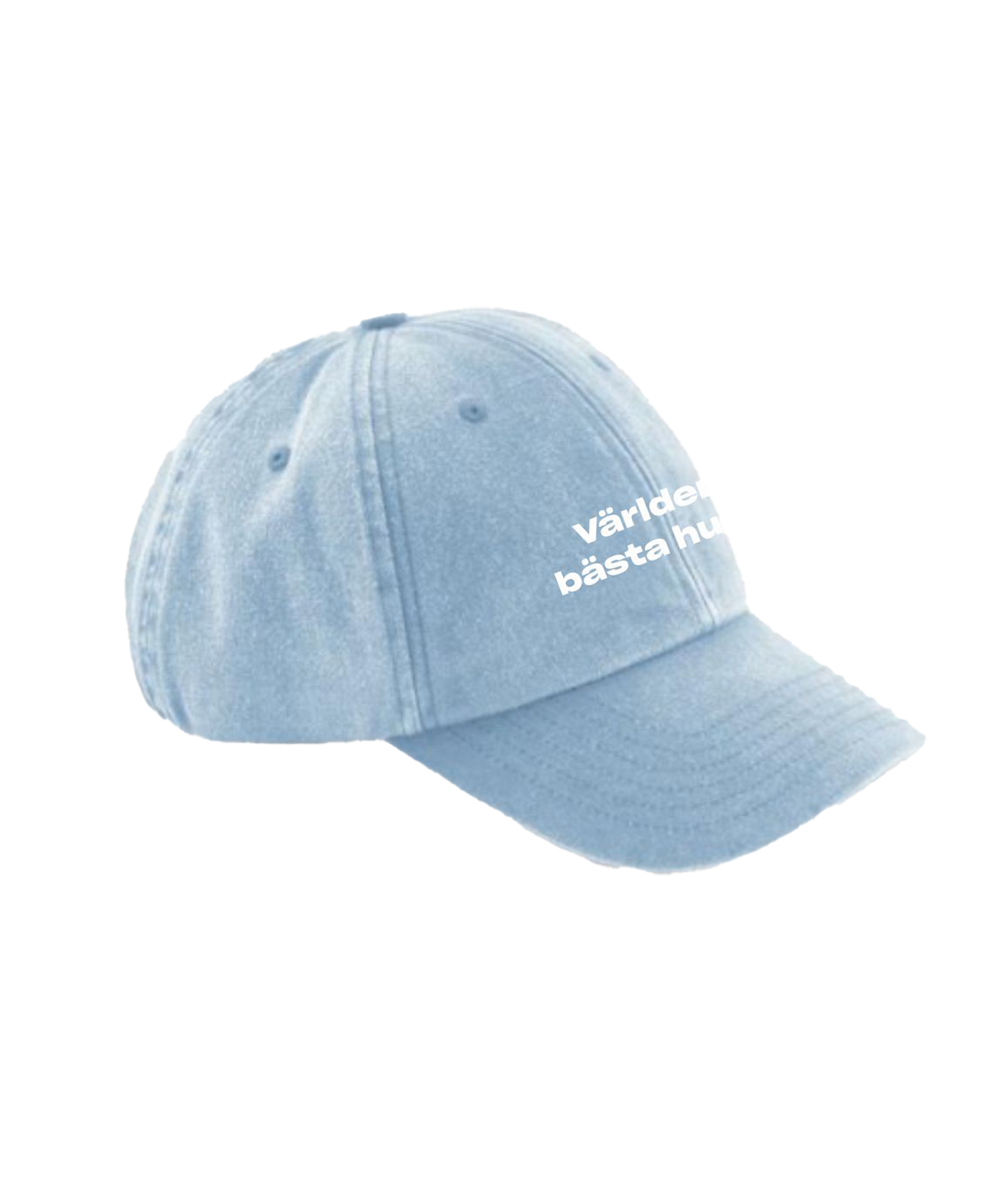 En ljusblå basebollkeps med vit text på.