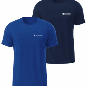 Två t-shirts med en vit logotyp på bröstet.