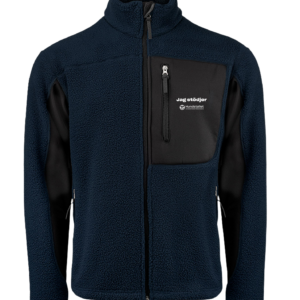 En blå och svart jacka med svart dragkedja.