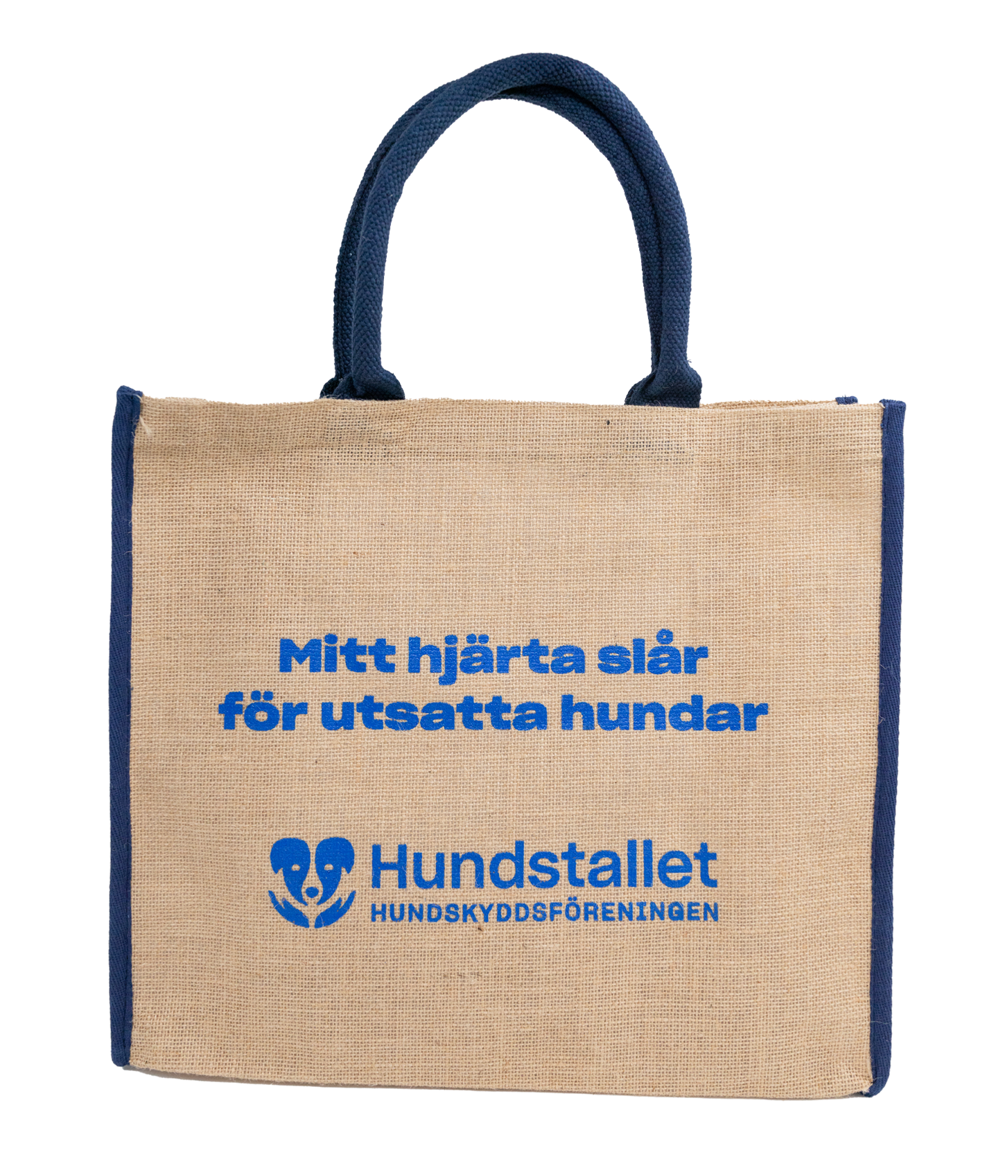 En juteväska med blått handtag.