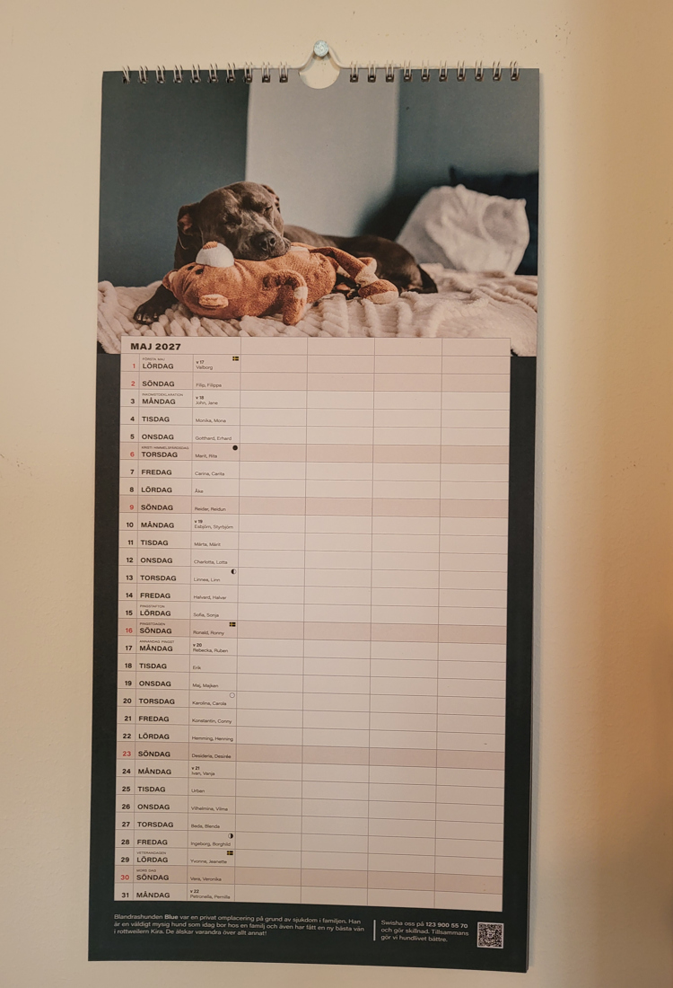 En kalender med en bild på en hund som ligger i en soffa och sover.