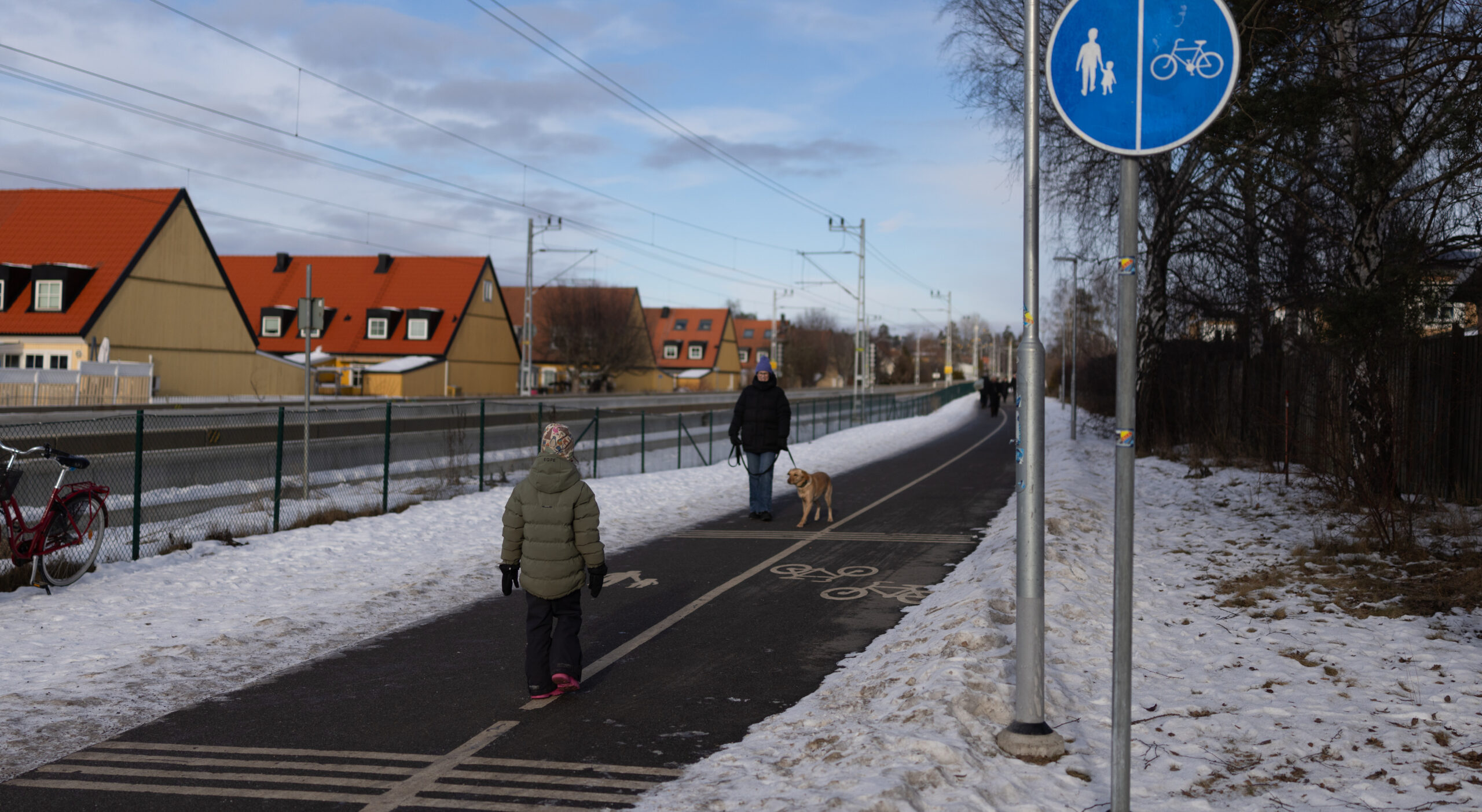 En person som går med sin hund på en gångväg och möter ett barn.