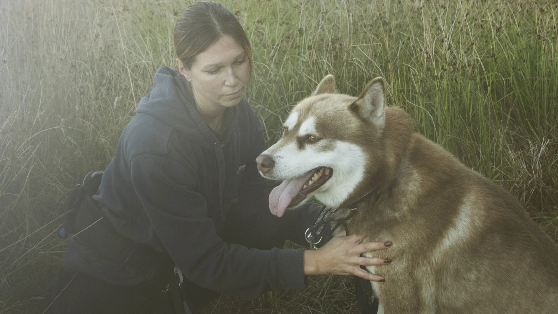 En kvinna som knäböjer bredvid en brun och vit hund.